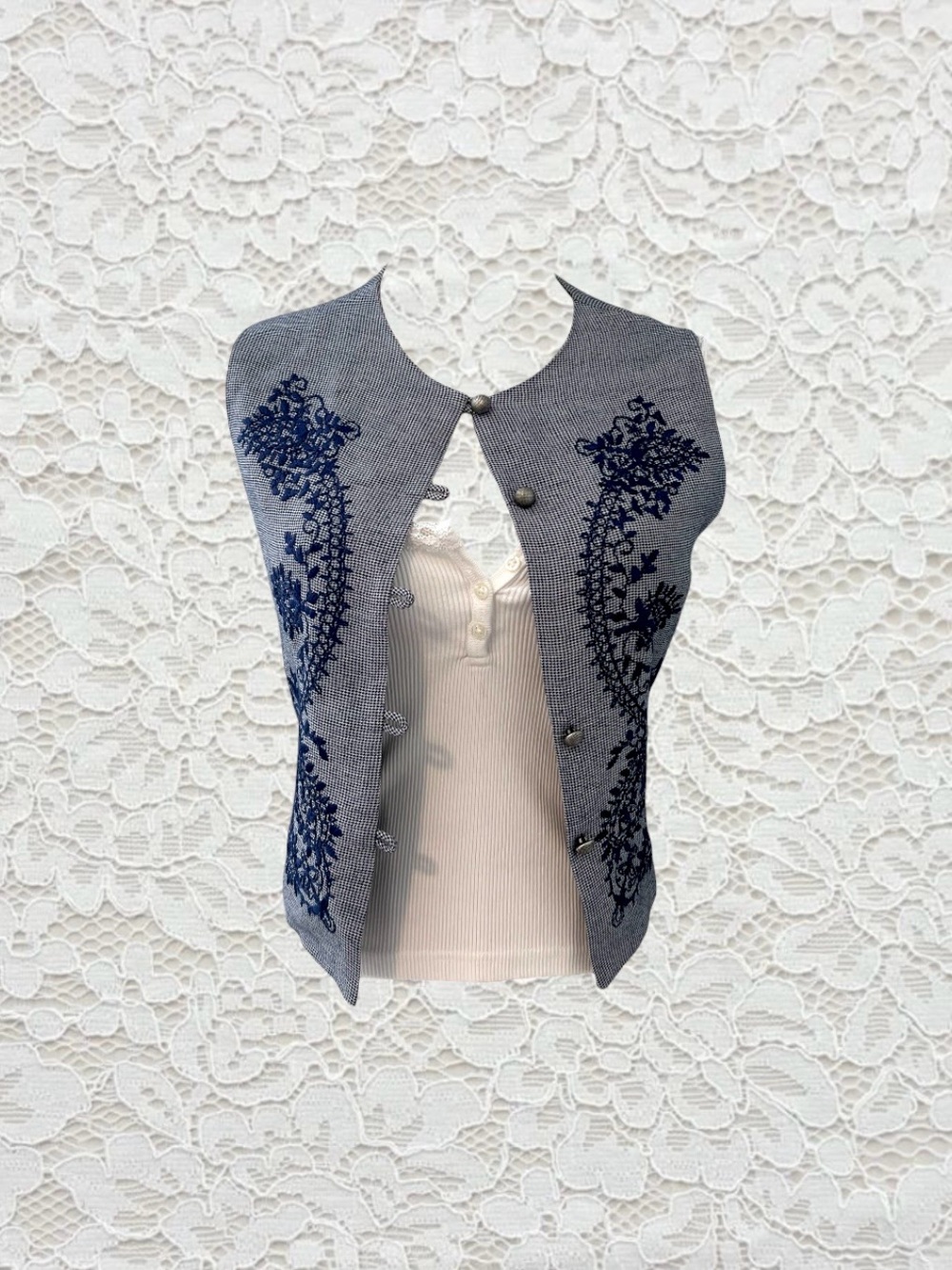 vintage express navy blue embroidered button mini vest
